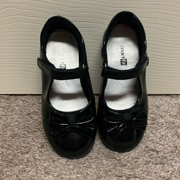 Smart Fit Toddler Girls size 10 dress shoes Mary Jane Velcro closure black bows - Picture 3 of 7